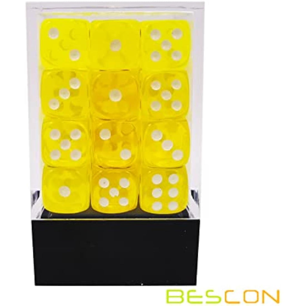 Bescon 12mm 6 Sided Dice 36 in Brick Box, 12mm Six Sided Die (36) Block of Dice, Translucent Yellow with White Pips