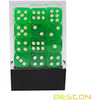 Bescon 12mm 6 Sided Dice 36 in Brick Box, 12mm Six Sided Die (36) Block of Dice, Translucent Green with White Pips