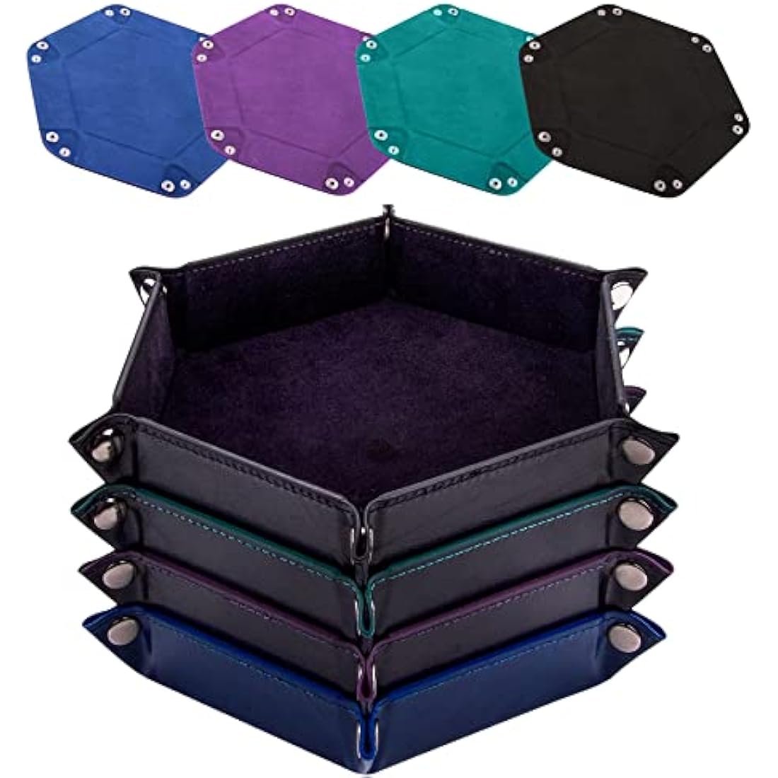 SIQUK 4 Pieces Dice Tray Hexagon Dice Rolling Tray Folding PU Leather Velvet Dice Tray for RPG DND and Other Dice Game (Black, Cyan, Violet, Royal Blue)