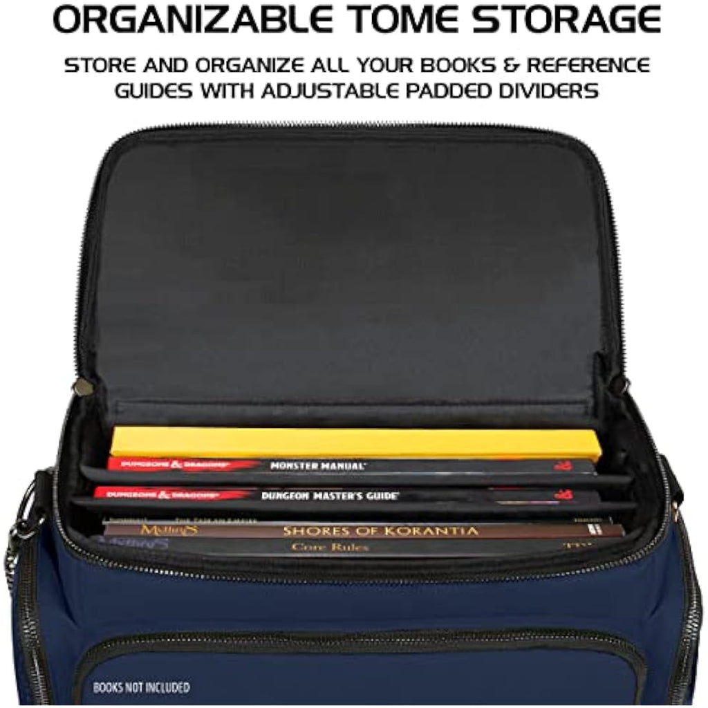 ENHANCE Collector's Edition RPG Adventurer's DND Bag - Dragon Hide Exterior Travel RPG Bag with Tabletop Miniatures Storage Vault, Mat Holder, DND Dice & Token Pockets, Fits 4-8 Books (Dragon Blue)