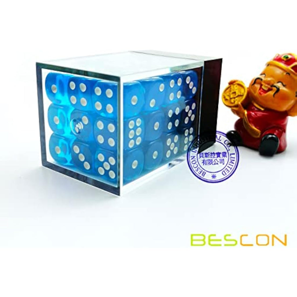 Bescon 12mm 6 Sided Dice 36 in Brick Box, 12mm Six Sided Die (36) Block of Dice, Translucent Lake Blue