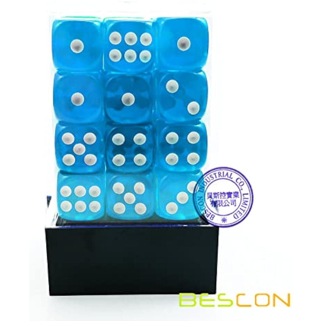 Bescon 12mm 6 Sided Dice 36 in Brick Box, 12mm Six Sided Die (36) Block of Dice, Translucent Lake Blue