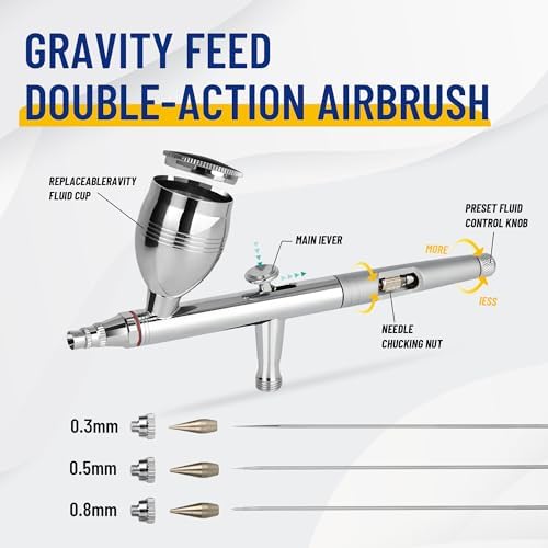 Fengda Airbrush FE-183K Precision Dual Action Airbrush Set for Gravity Feed with 3 Cup Sizes and 3 Nozzles (0.3, 0.5 and 0.8mm)