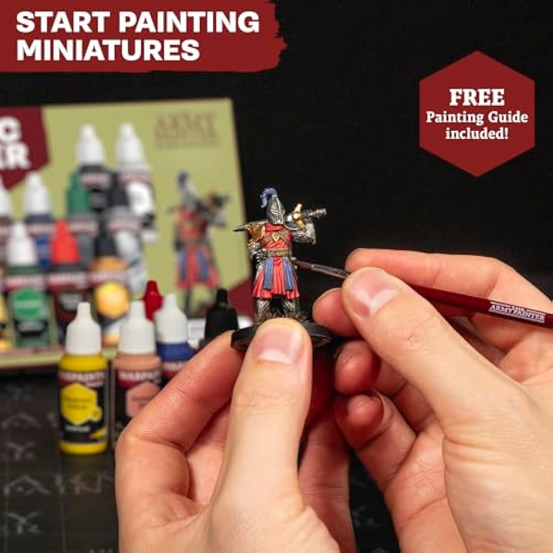 The Army Painter Warpaints Fanatic: Starter Set Combo, 11x18 ml paints: 7 Acrylic colours, 2 Metallics, 1 Wash, 2 Brushes & 1 Free Miniature figure, For models and miniature painting, DnD & Warhammer