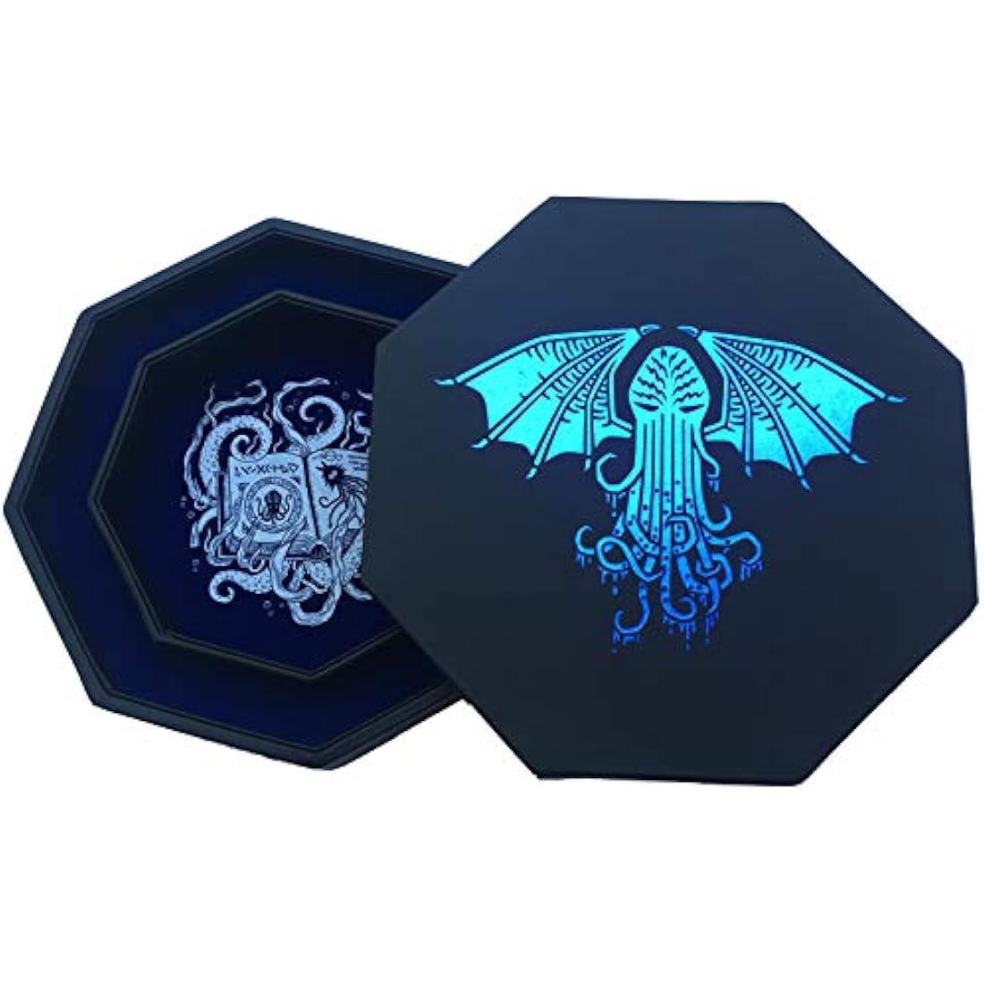 Fantasydice-CTHULHU TOME-BLUE- Dice Tray 20CM Octagon with Lid and Dice Staging Area- Holds 5 Sets(7 Dice Set/Standard) for All Tabletop RPGs Like D&D, Call of Cthulhu, Shadowrun.