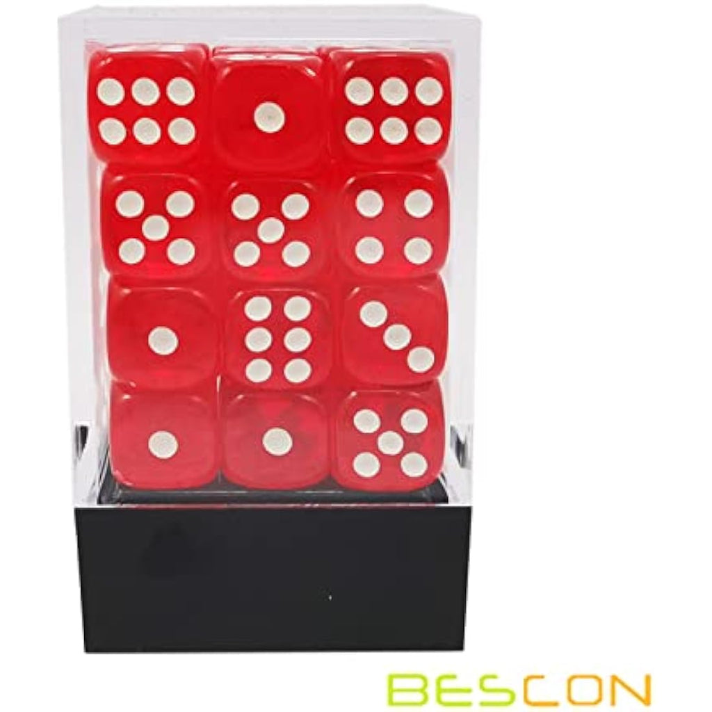 Bescon 12mm 6 Sided Dice 36 in Brick Box, 12mm Six Sided Die (36) Block of Dice, Translucent Red with White Pips