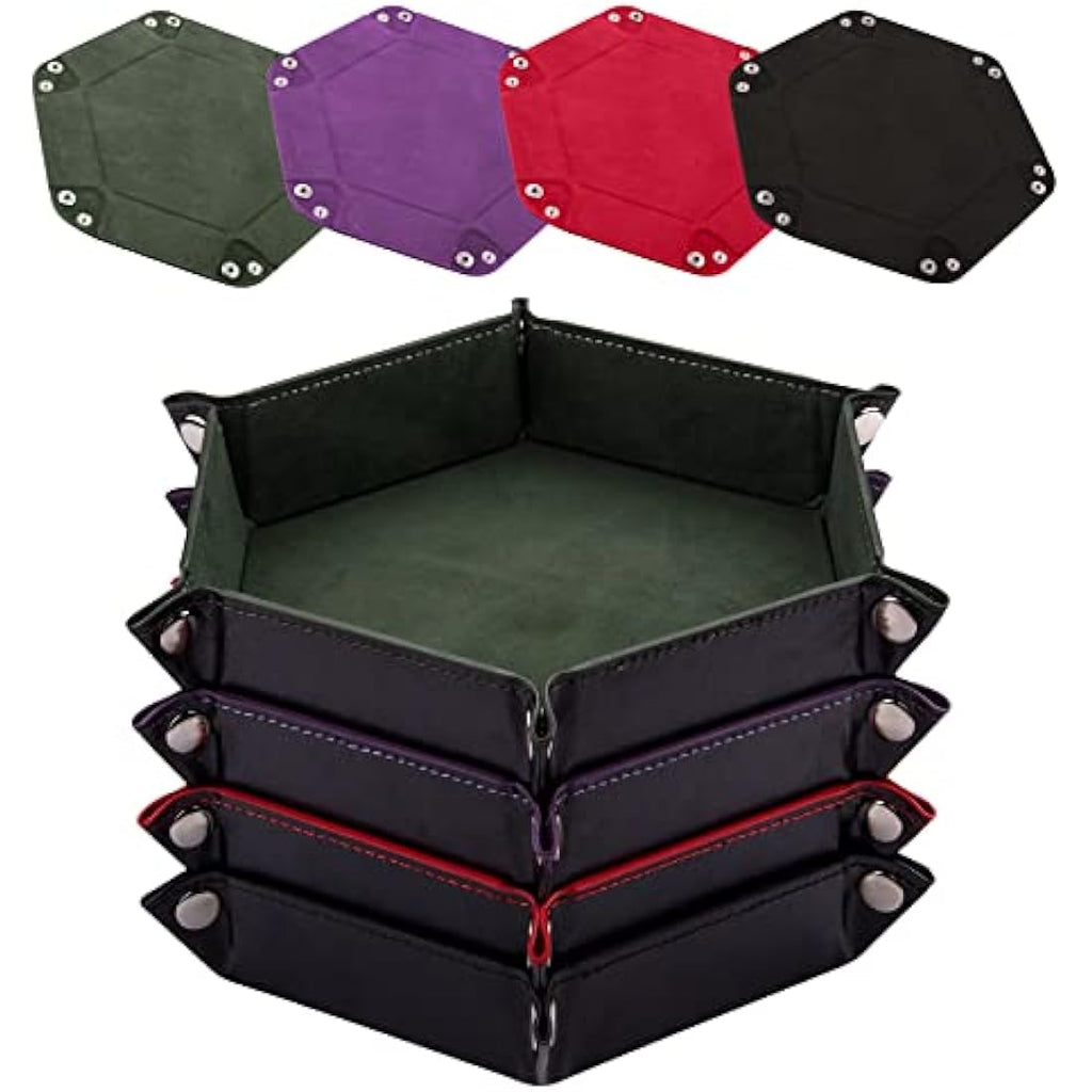 SIQUK 4 Pieces Dice Tray Hexagon Dice Rolling Tray Folding PU Leather Velvet Dice Tray for RPG DND and Other Dice Game (Dark Green, Violet, Red, Black)