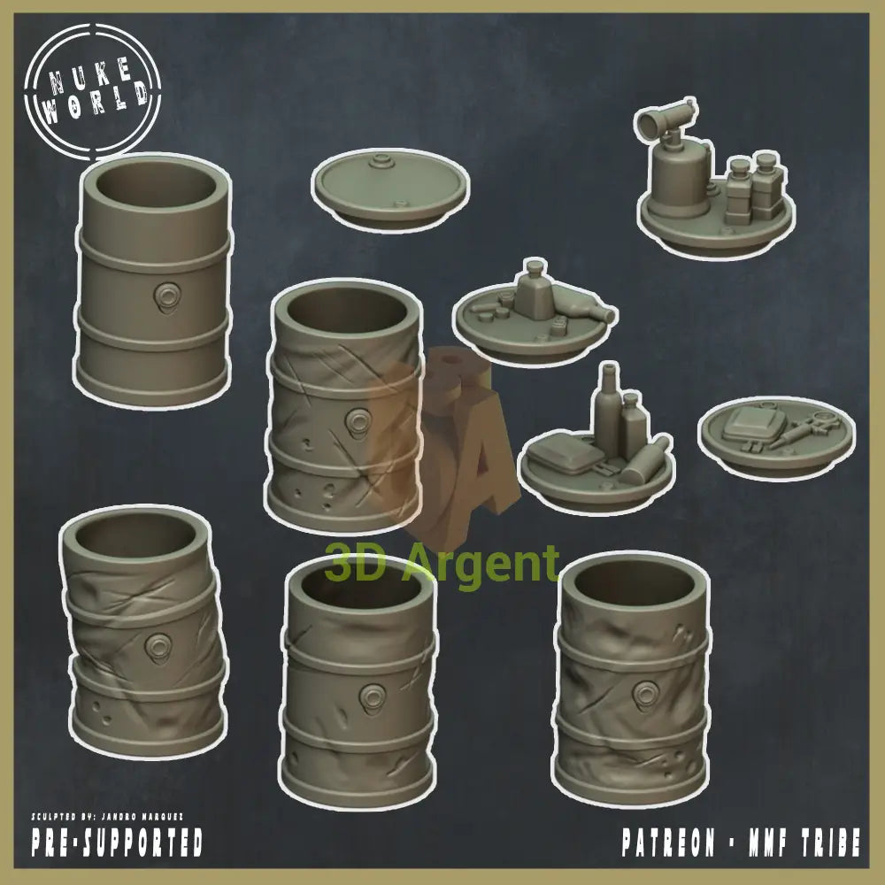 5 Wasteland Barrels – 3D Printed Resin Scatter Terrain Nuke World Miniatures