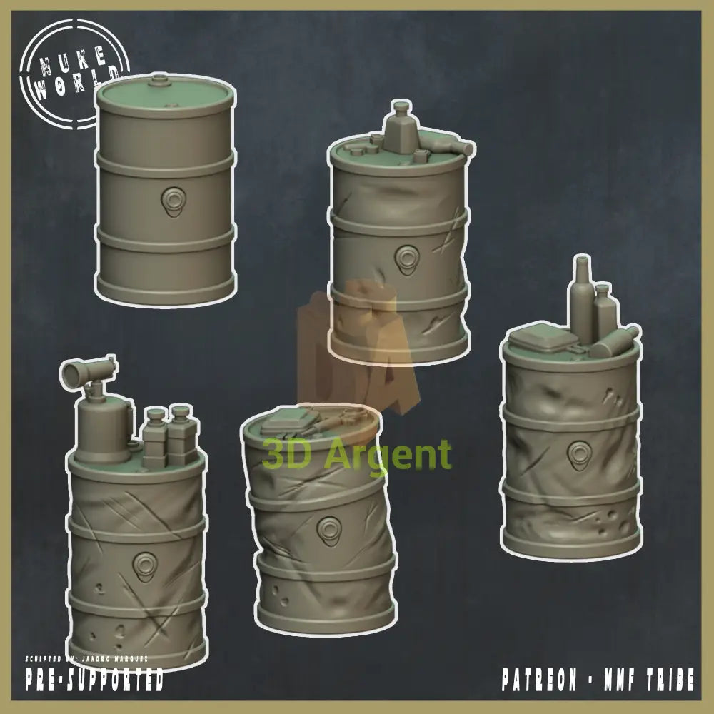 5 Wasteland Barrels – 3D Printed Resin Scatter Terrain Nuke World Miniatures