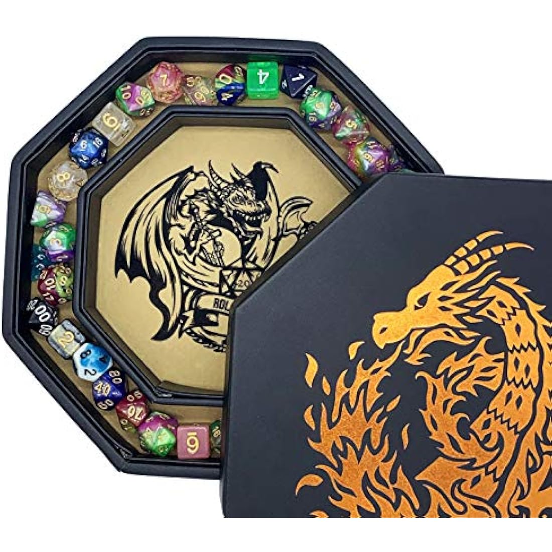 Fantasydice- Fire Dragon - Dice Tray - 20CM Octagon with Lid and Dice Staging Area- Holds 5 Sets of Dice(7 / Standard) For All Tabletop RPGs Like D&D, Call of Cthulhu, Shadowrun. (Chromatic)