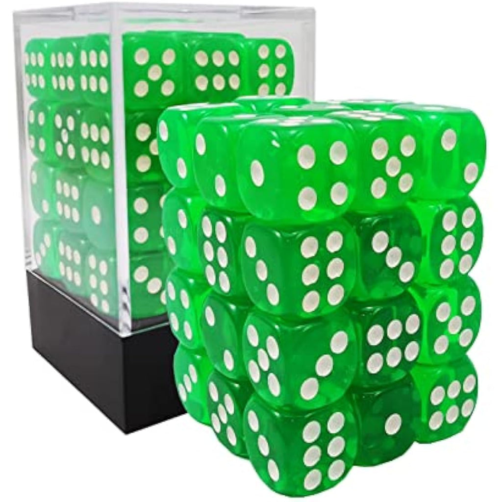 Bescon 12mm 6 Sided Dice 36 in Brick Box, 12mm Six Sided Die (36) Block of Dice, Translucent Green with White Pips
