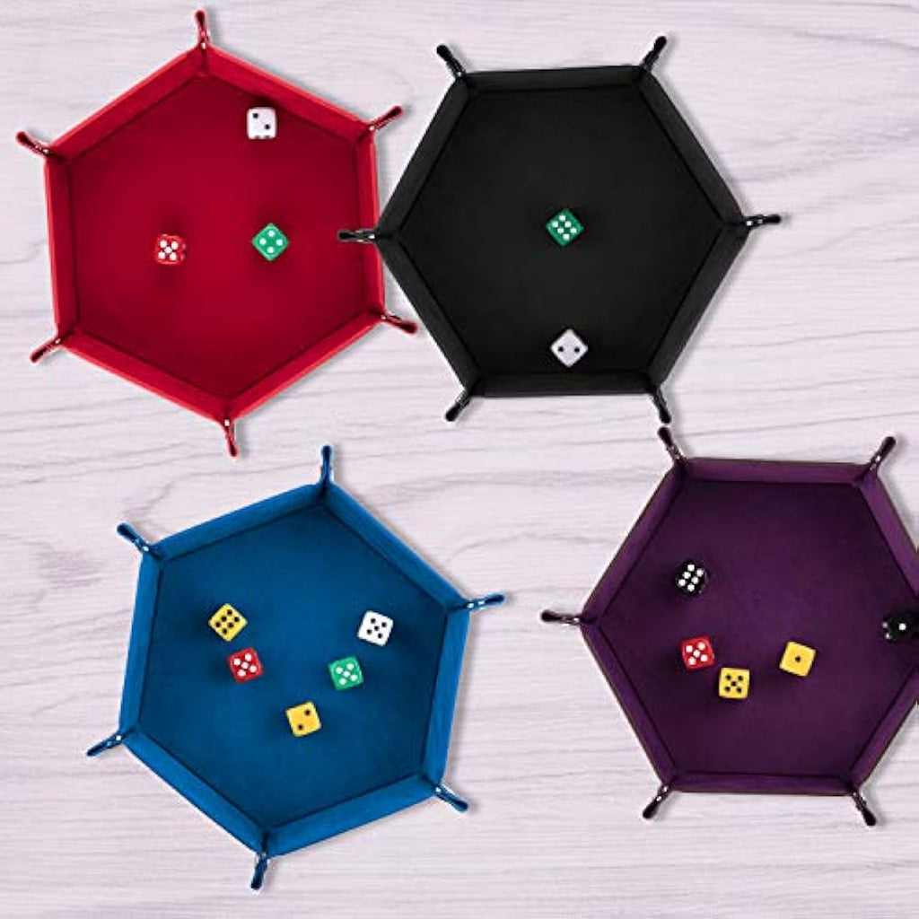 SIQUK 4 Pieces Dice Tray Hexagon Folding PU Leather and Velvet Dice Tray for RPG DND and Other Dice Games, 4 Colours