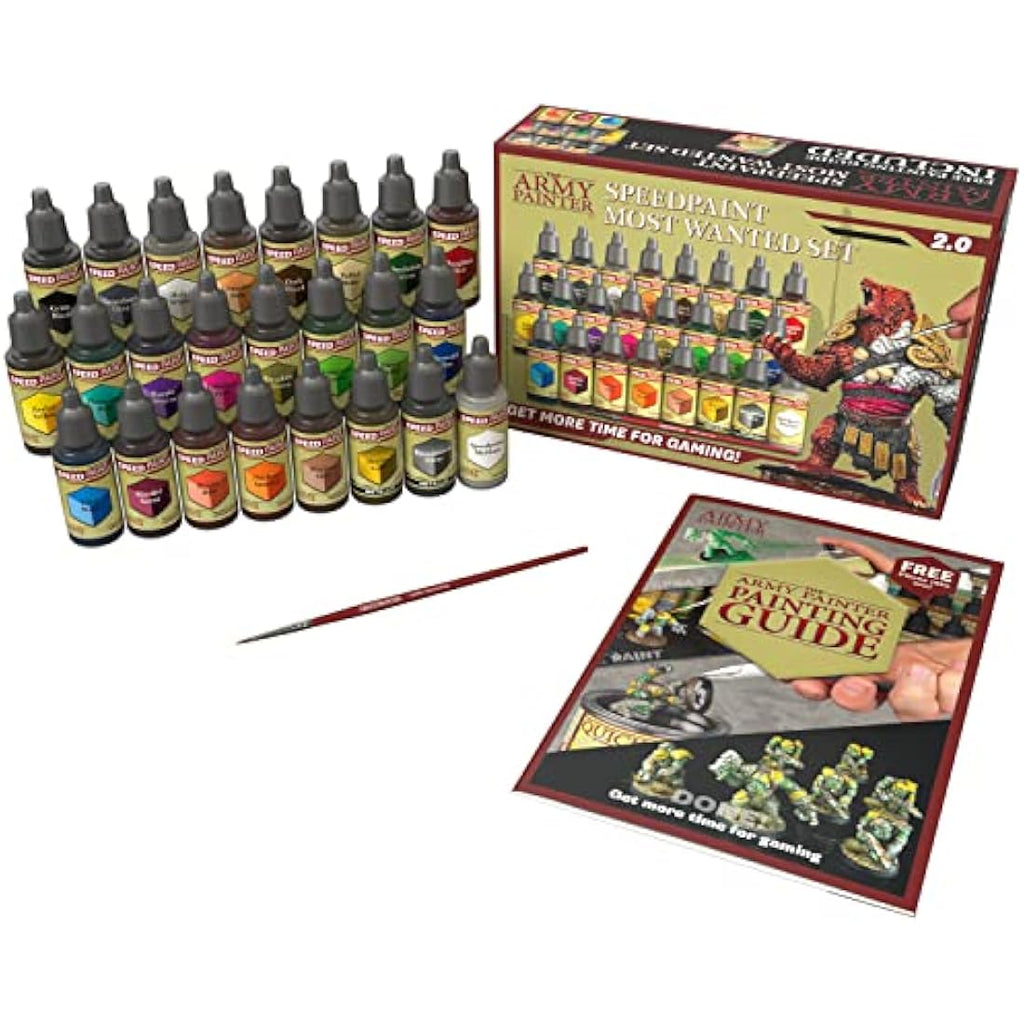 The Army Painter Speedpaint 2.0 Most Wanted Paint Set Combo, Acrylic Contrast Paint Set with 24 Dropper Bottles of 18ml and 2 brushes, For Miniature Painting