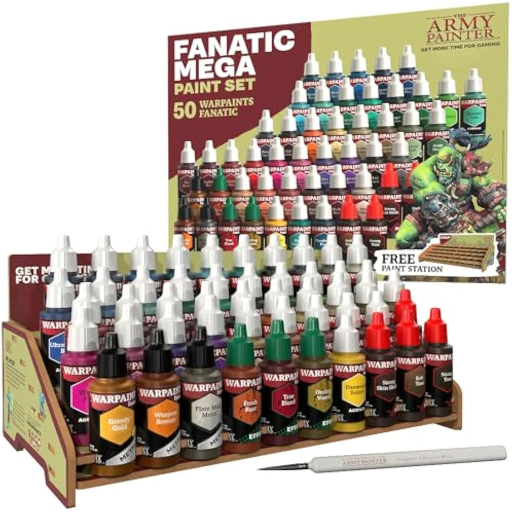 The Army Painter Warpaints Fanatic Mega Set, 50 Paints: 36 acrylic colours, 4 Skin Tones, 3 Metallics, 3 Effects, 4 Washes, 1 Free Paint Station & Brush, For Miniature Painting