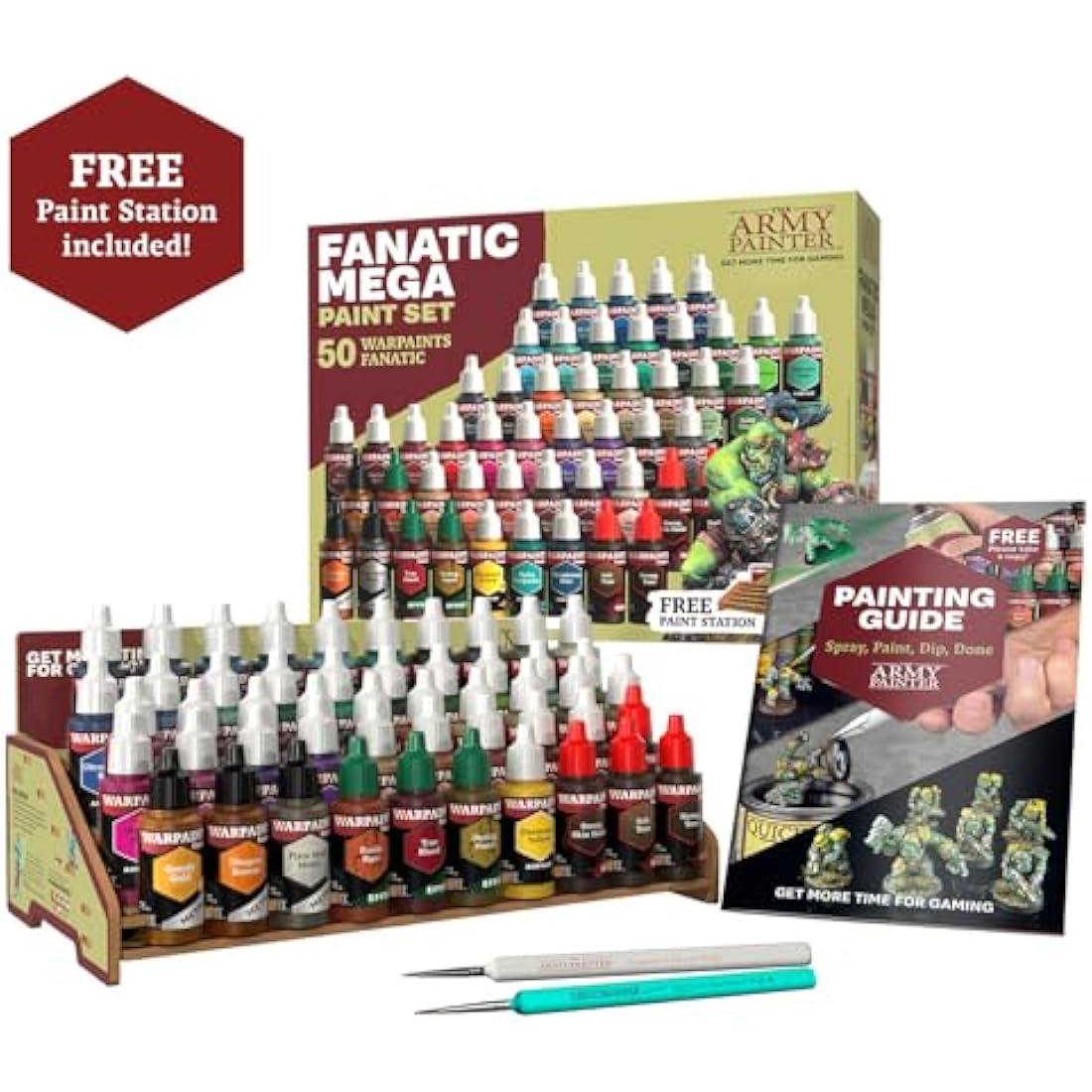 The Army Painter, Warpaints Fanatic Mega Set Combo, 50 x 18 ml Acrylic Paints incl. Skin Tones, Metallics, Effects, Washes, 1 Free Paint Station & 2 Brushes - Model Paint for Warhammer & Dnd