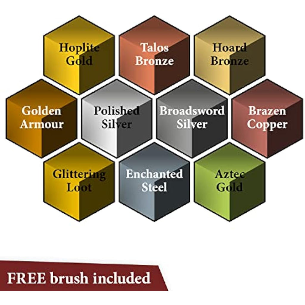 The Army Painter Speedpaint 2.0 Metallics Paint Set, 10 Bottles of Metal Acrylic Contrast Paint in 18ml Incl. 1 Free Basecoating Brush for Miniature Painting, Warhammer & DnD