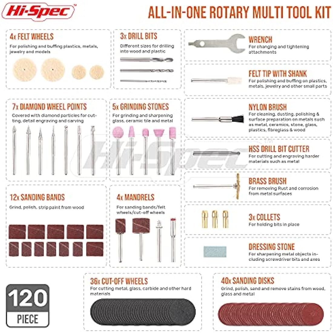 Hi-Spec Rotary Tool Kit Set 170W 1.4A with 121 Piece Dremel Compatible Bit Accessories. Drill, Cut, Trim, Grind & Sand in DIY Repairs, Hobbies & Craftwork
