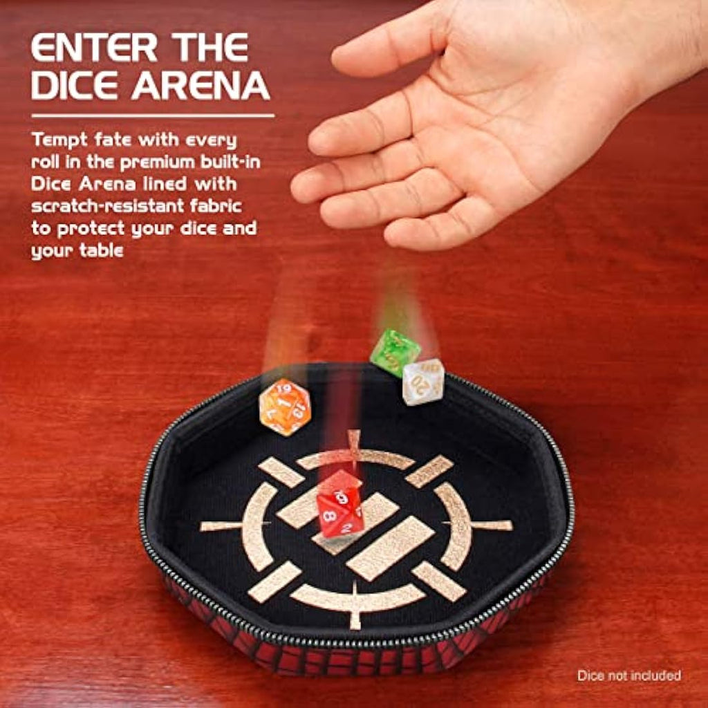 ENHANCE DnD Dice Tray and Case - Collector's Edition DnD Dice Holder up to 150 D&D Shakers with Hard Shell Exterior and Protective Soft Interior - Rolling Tray Perfect for Game Night (Dragon Red)