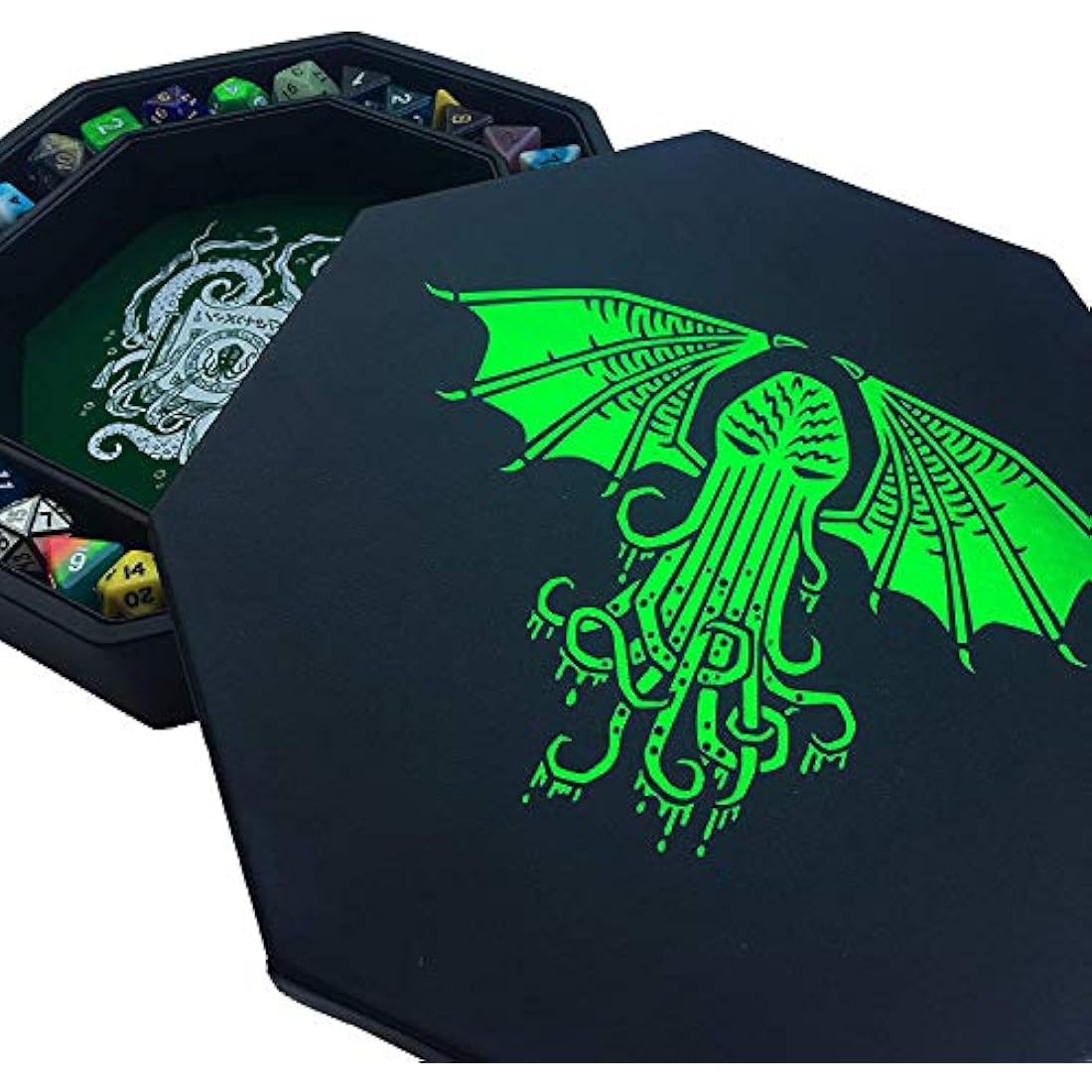 Fantasydice-CTHULHU TOME-GREEN - Dice Tray - 8" Octagon with Lid and Dice Staging Area- Holds 5 Sets(7 Dice Set/Standard) for All Tabletop RPGs Like D&D, Call of Cthulhu, Shadowrun.