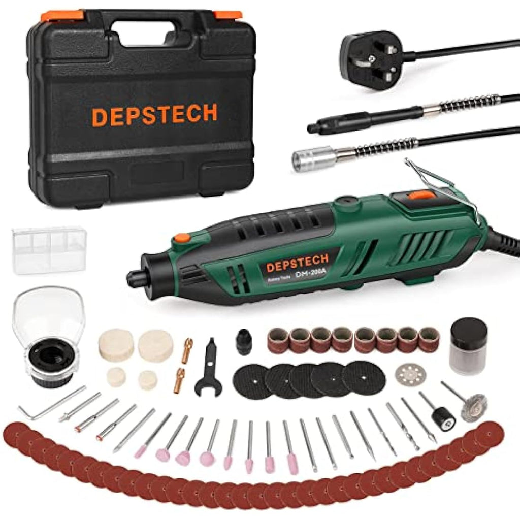 DEPSTECH Rotary Tool Kit, 200W Multi 6 Variable Speed 10000-40000RPM with Keyless Chuck & Flex Shaft, 128pcs Accessories Set for DIY Craft, Engraving, Cutting, Sanding, Polishing-DM200A, Green
