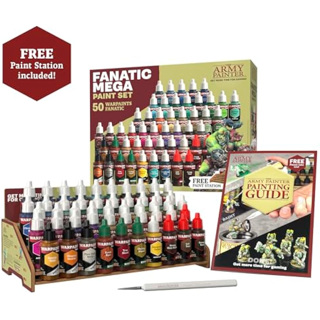 The Army Painter Warpaints Fanatic Mega Set, 50 Paints: 36 acrylic colours, 4 Skin Tones, 3 Metallics, 3 Effects, 4 Washes, 1 Free Paint Station & Brush, For Miniature Painting