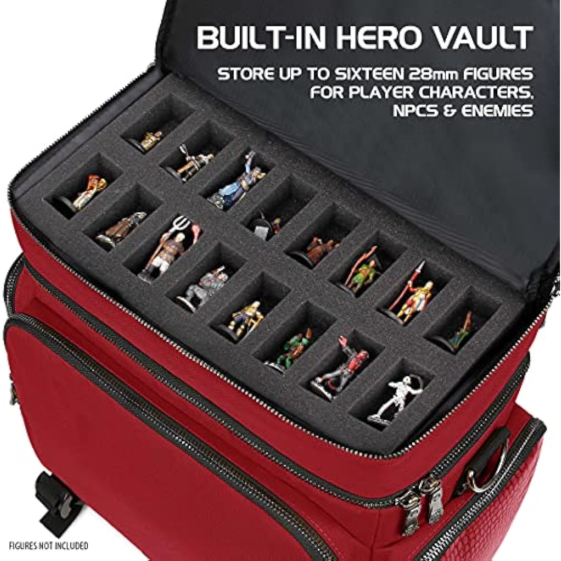 ENHANCE Collector's Edition RPG Adventurer's DND Bag - Dragon Hide Exterior Travel RPG Bag with Tabletop Miniatures Storage Vault, Mat Holder, DND Dice & Token Pockets, Fits 4-8 Books (Dragon Red)