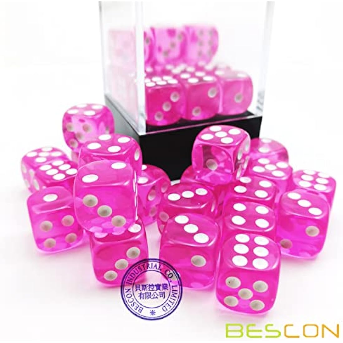 Bescon 12mm 6 Sided Dice 36 in Brick Box, 12mm Six Sided Die (36) Block of Dice, Translucent Pink