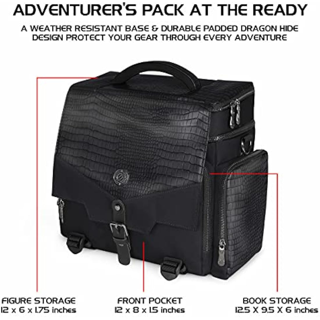 ENHANCE Collector's Edition RPG Adventurer's DND Bag - Dragon Hide Exterior Travel RPG Bag with Tabletop Miniatures Storage Vault, Mat Holder, DND Dice & Token Pockets, Fits 4-8 Books (Dragon Black)