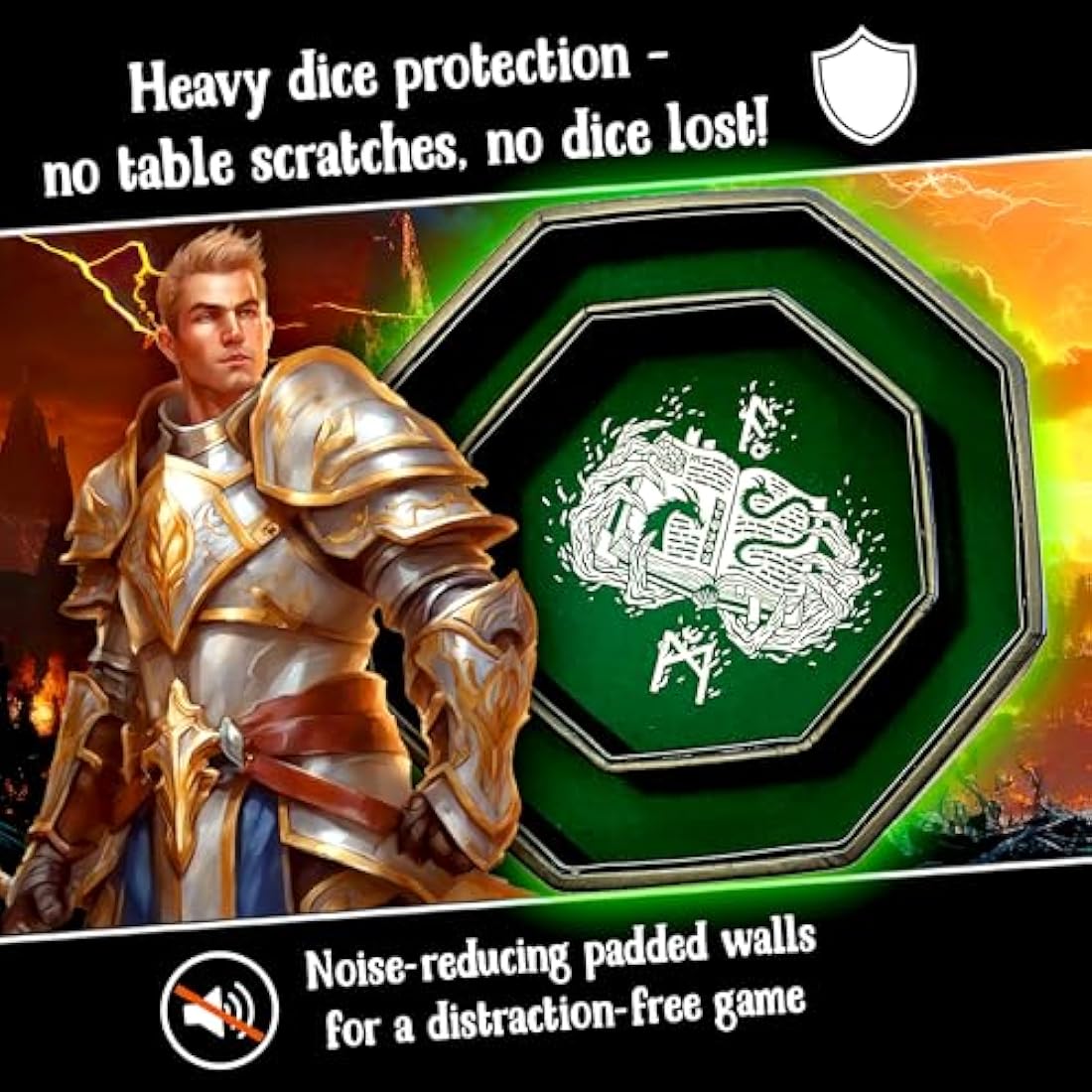 Fantasydice GREEN Fire Dragon - Dice Tray - 20CM Octagon with Lid and Dice Staging Area- Holds 5 Sets of Dice(7 / Standard) For All Tabletop RPGs Like D&D, Call of Cthulhu, Shadowrun.