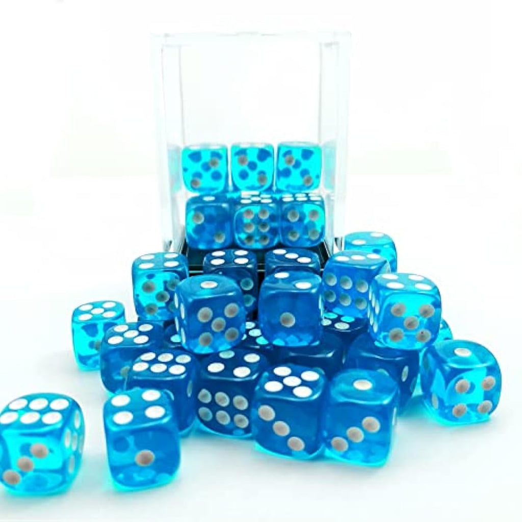 Bescon 12mm 6 Sided Dice 36 in Brick Box, 12mm Six Sided Die (36) Block of Dice, Translucent Lake Blue