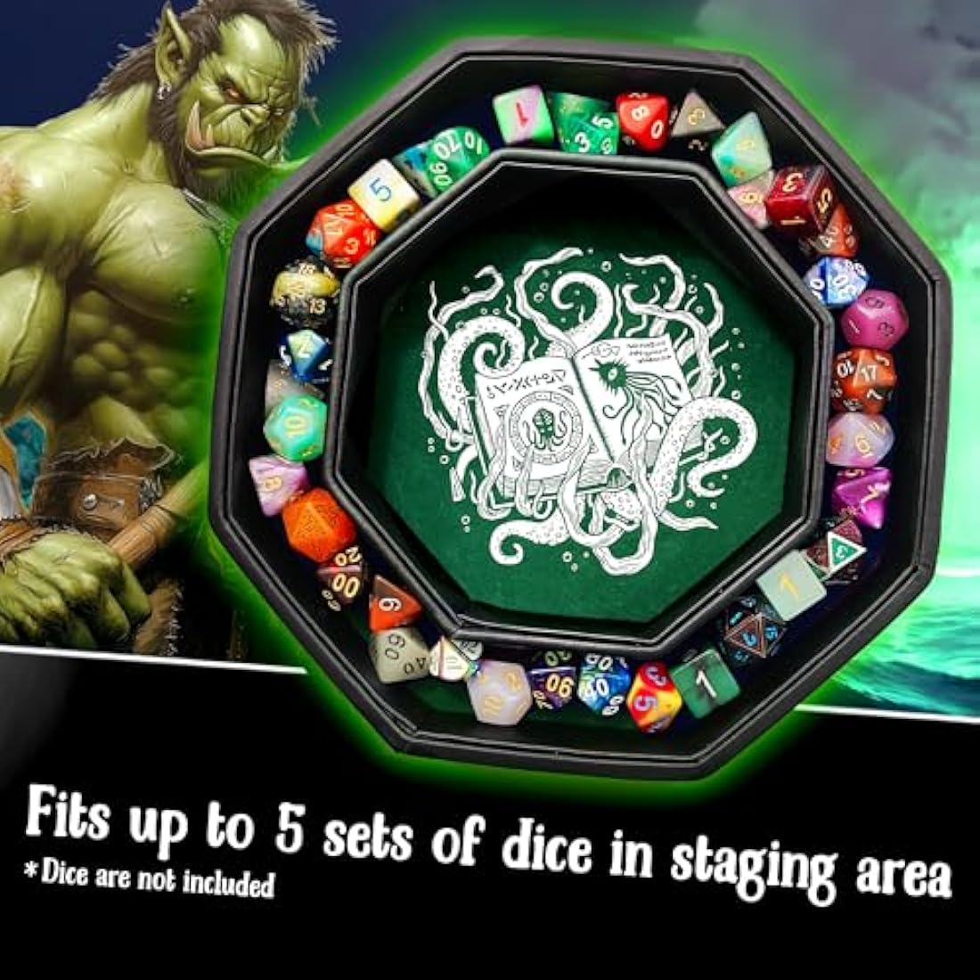 Fantasydice-CTHULHU TOME-GREEN - Dice Tray - 8" Octagon with Lid and Dice Staging Area- Holds 5 Sets(7 Dice Set/Standard) for All Tabletop RPGs Like D&D, Call of Cthulhu, Shadowrun.