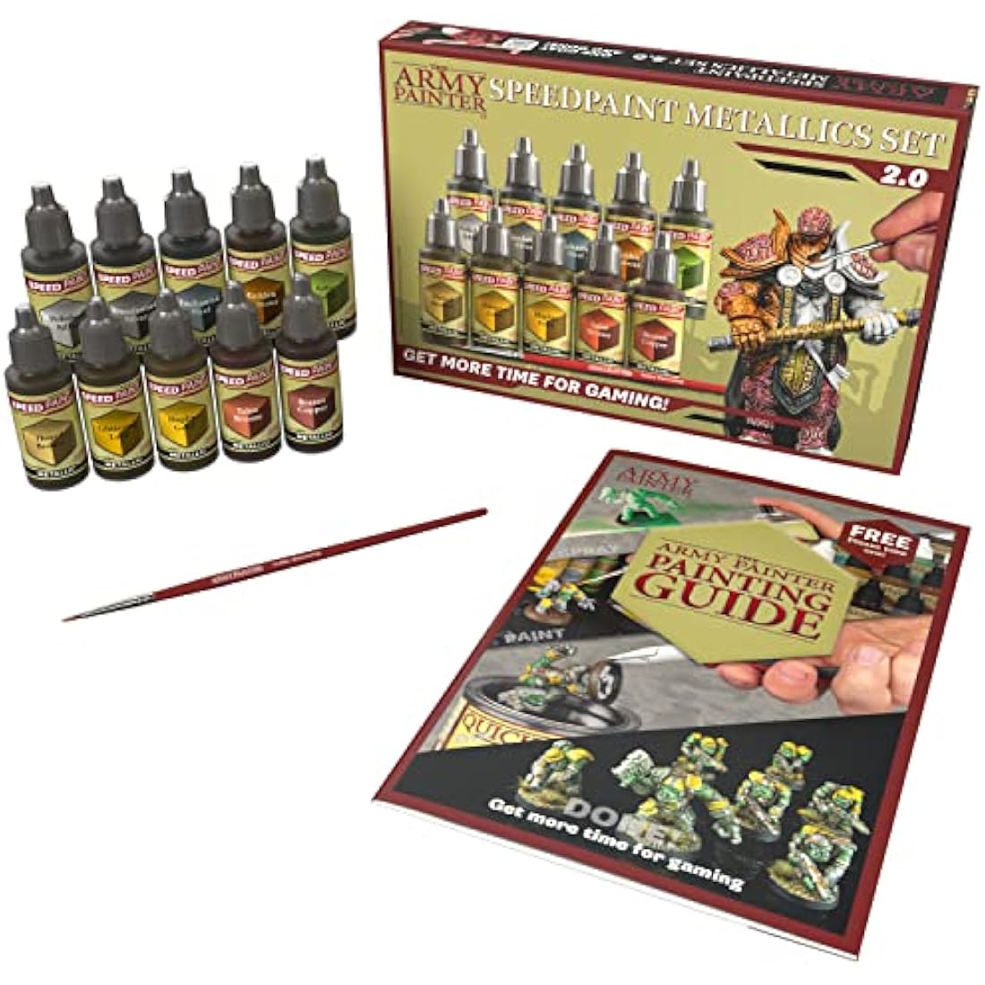 The Army Painter Speedpaint 2.0 Metallics Set Combo, 10 Bottles of Non Toxic Metal Contrast Acrylic Model Paint 18ml, 1 Free Speedpaint Brush and 1 Basecoating Brush for Miniature Fantasy Wargaming