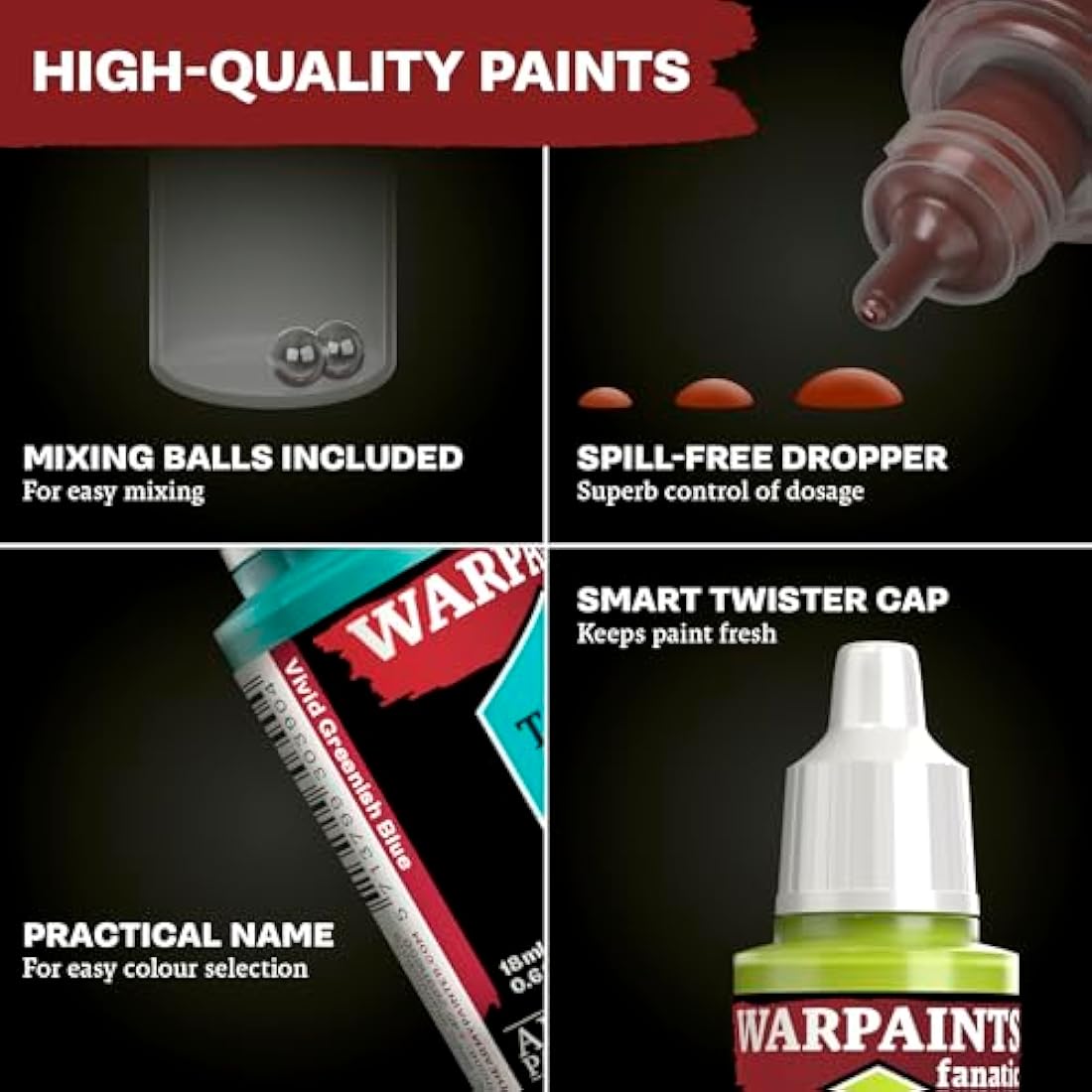 The Army Painter Warpaints Fanatic Mega Set, 50 Paints: 36 acrylic colours, 4 Skin Tones, 3 Metallics, 3 Effects, 4 Washes, 1 Free Paint Station & Brush, For Miniature Painting