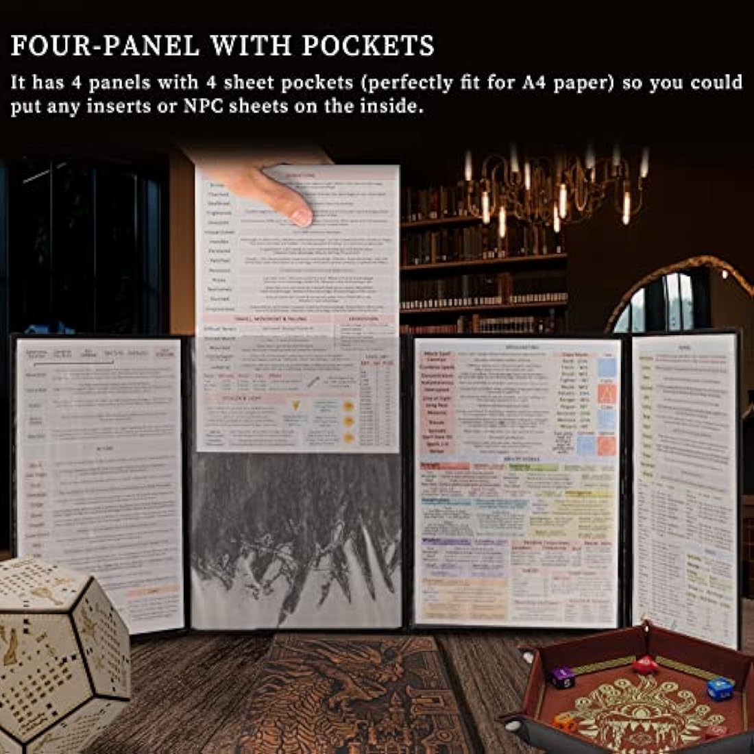 DND Dungeon Master Screen Faux Leather Embossed Dragon & Mimic, Four-Panel with Pockets DM Screen for Dungeons and Dragon, Pathfinder, D&D