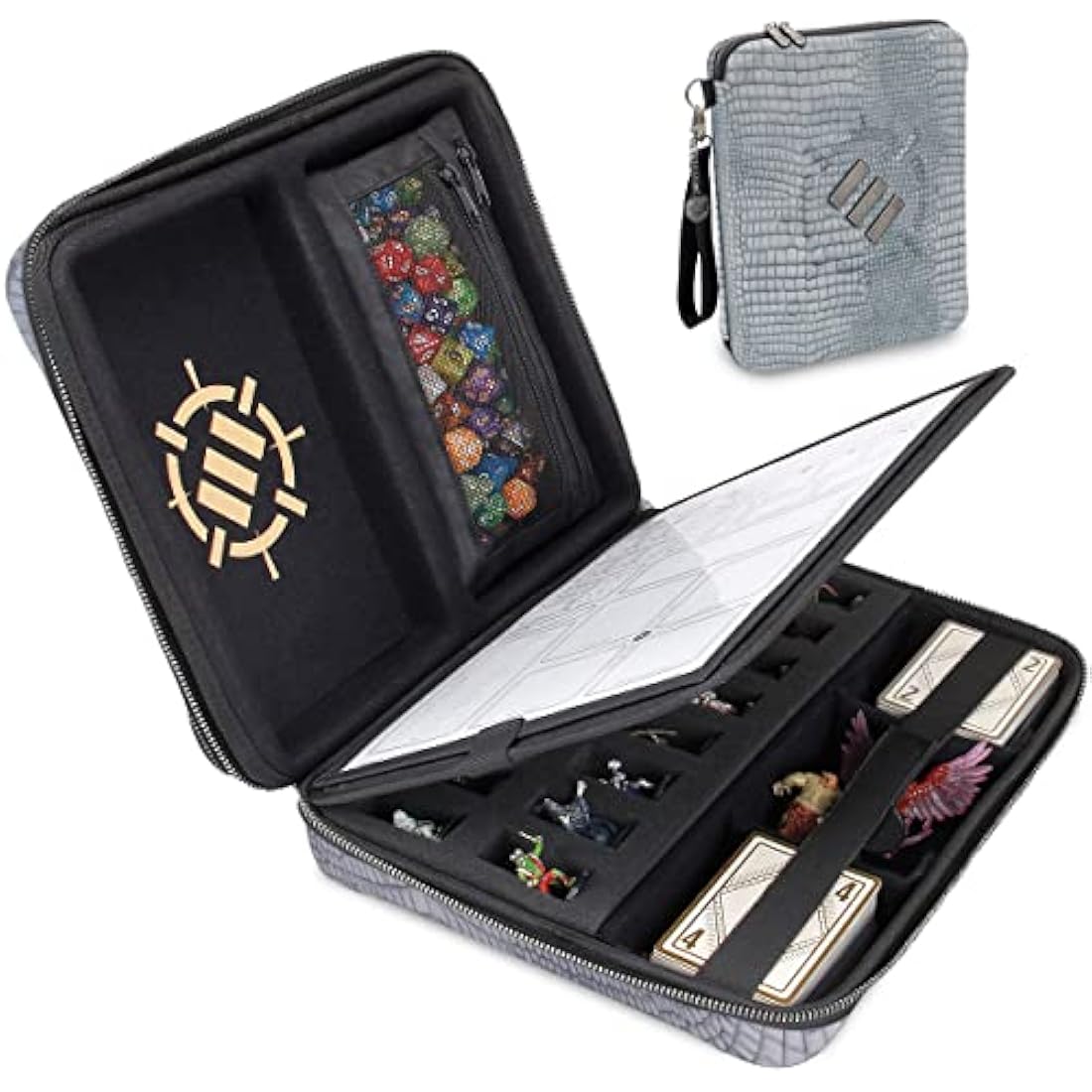 ENHANCE Collector's Edition RPG Organizer Case - DnD Binder with Built-in Character Sheet Holder and Erasable Scribe Panel, Dice Rolling Area, Removable Pen Pouch, Miniature Foam Tray (Dragon Silver)