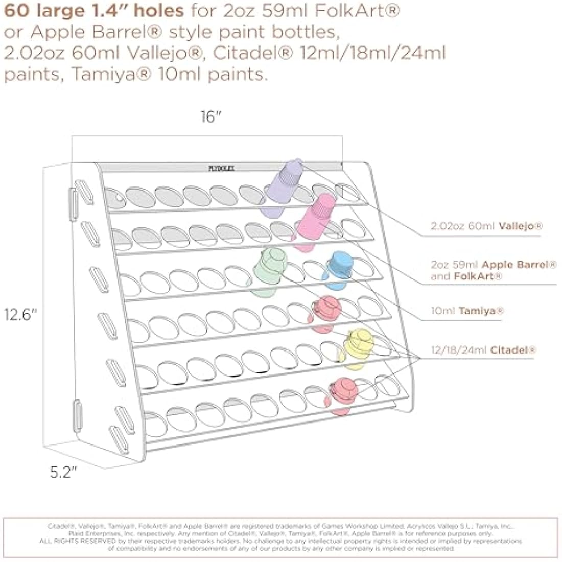 Plydolex Citadel Acrylic Paint Rack Organizer with 60 Holes for Miniature Paint Set - Wall-mounted Acrylic Paint Organizers And Storage - Paint Bottle Organizer 15.8x5.1x11.6 inch