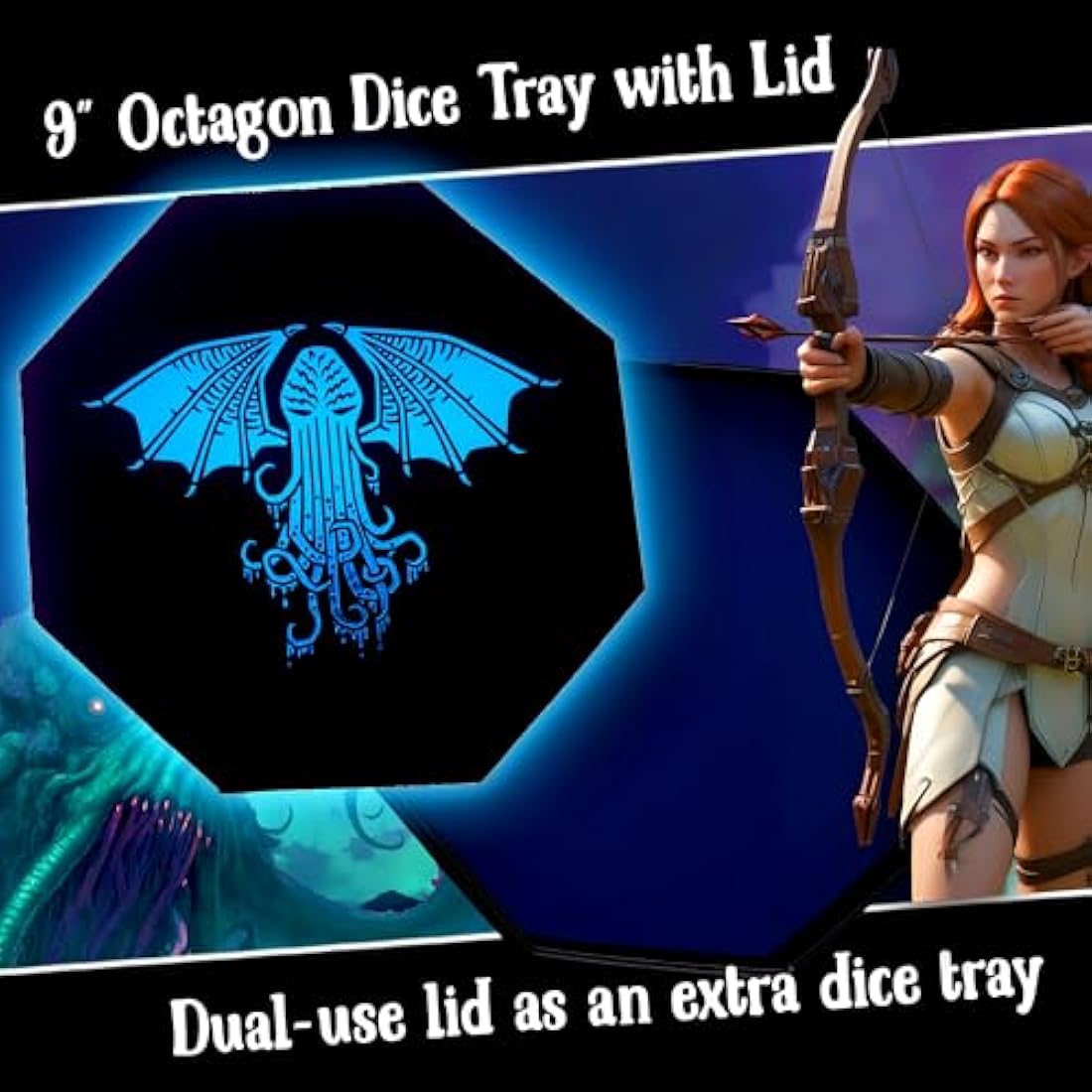 Fantasydice-CTHULHU TOME-BLUE- Dice Tray 20CM Octagon with Lid and Dice Staging Area- Holds 5 Sets(7 Dice Set/Standard) for All Tabletop RPGs Like D&D, Call of Cthulhu, Shadowrun.