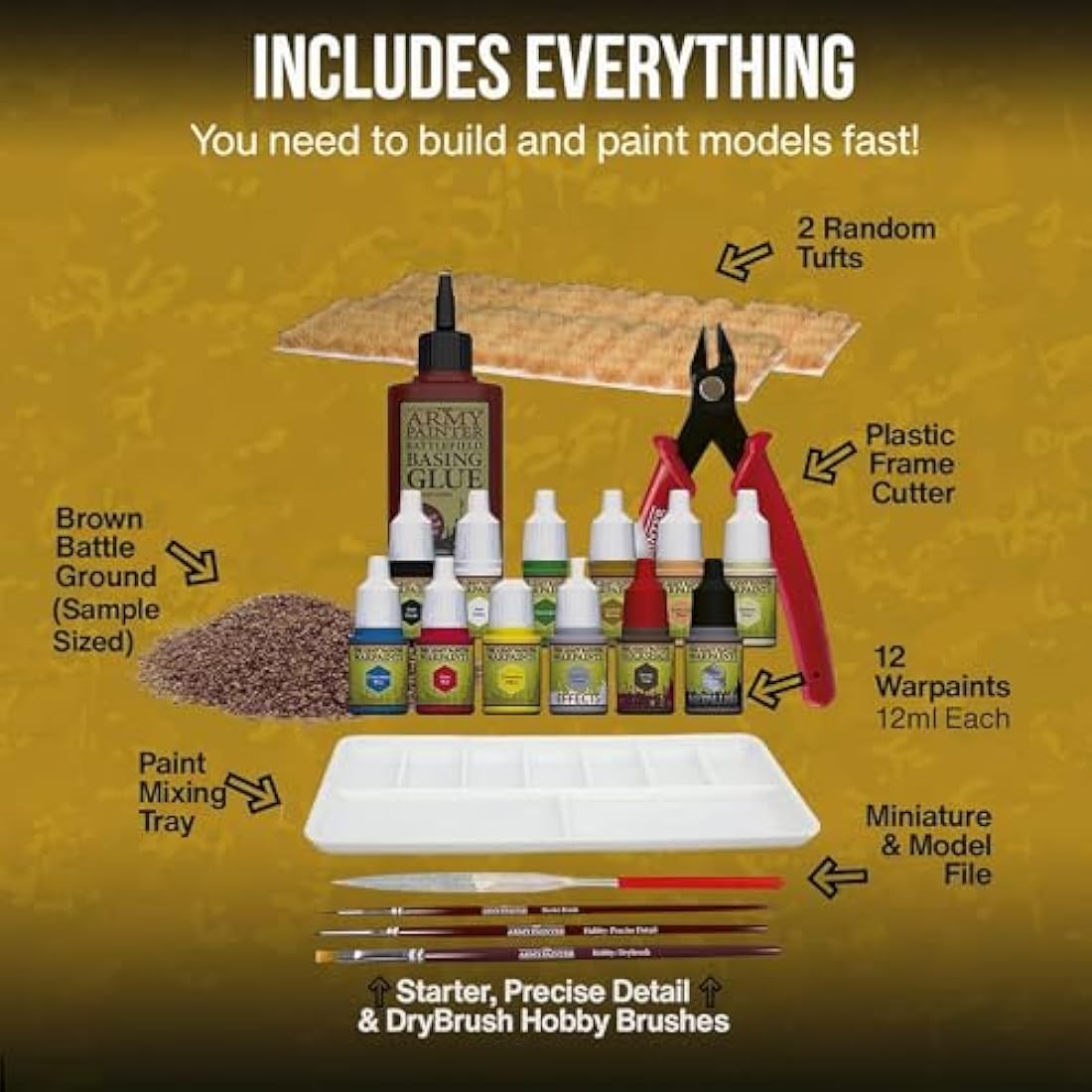 The Army Painter Hobby Paint and Model Tool Kit - 10 Acrylic Model Paints, 3 Hobby Brushes, 3 Tufts, Brown Battleground, Basing Glue and Modeling Tools for Plastic Models - Miniature Paint Set