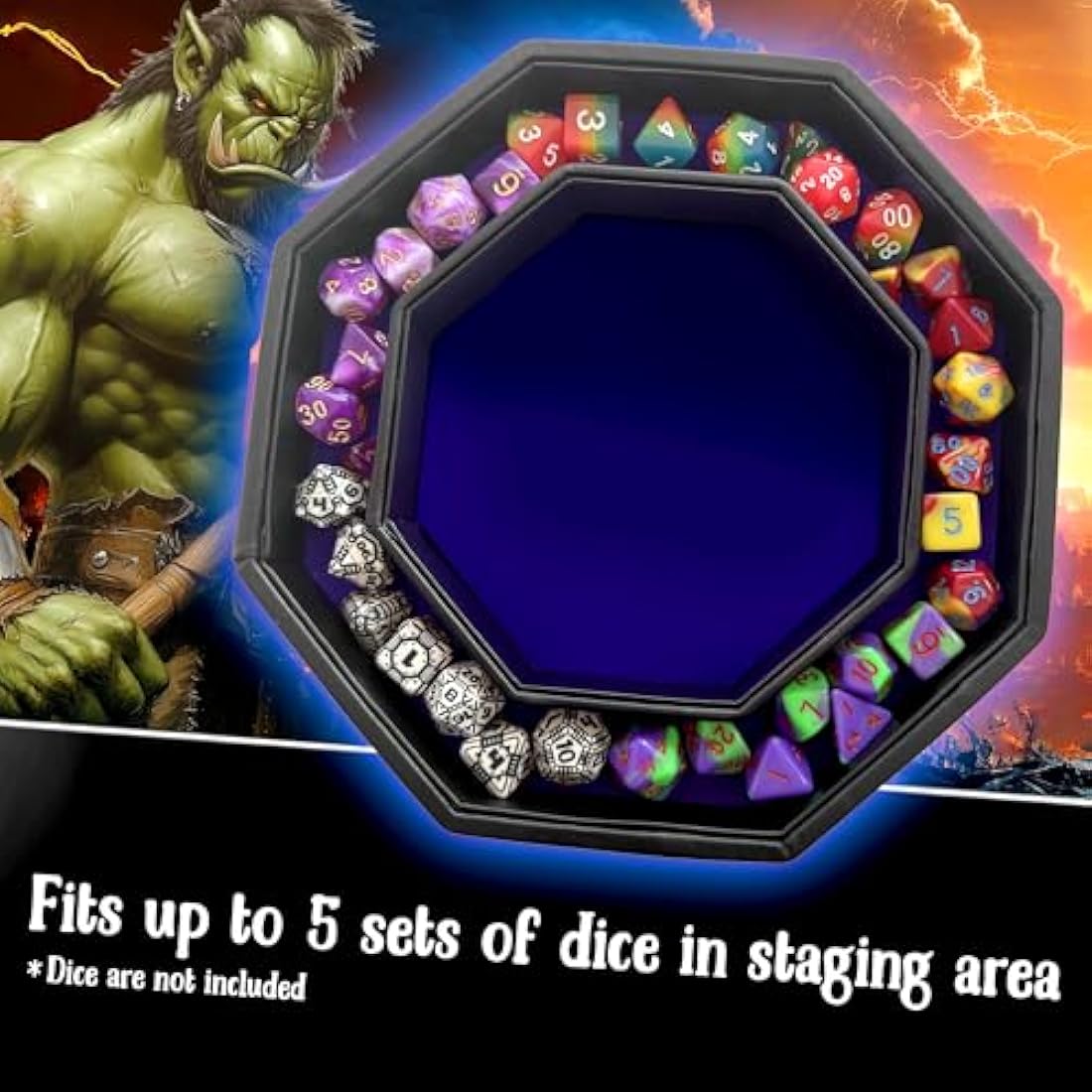 Fantasydice- Fire Dragon - Dice Tray - 20CM Octagon with Lid and Dice Staging Area- Holds 5 Sets of Dice(7 / Standard) For All Tabletop RPGs Like D&D, Call of Cthulhu, Shadowrun. (BLUE)