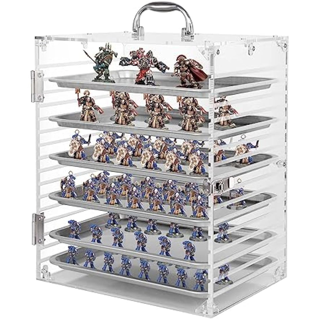 Famard Miniature Carrying Case for Collectibles Miniatures Storage, Clear Acrylic Action Figure Display Case with Protective Door Compatible with Warhammer 40k,DND&More