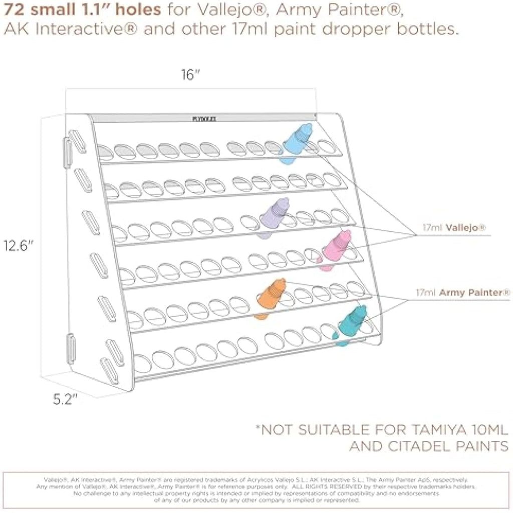 Plydolex Vallejo Acrylic Paint Rack Organizer With 72 Holes for Miniature Set - Wall-Mounted Organizers and Storage - Bottle Holder 15.8x5.1x11.6 Inch