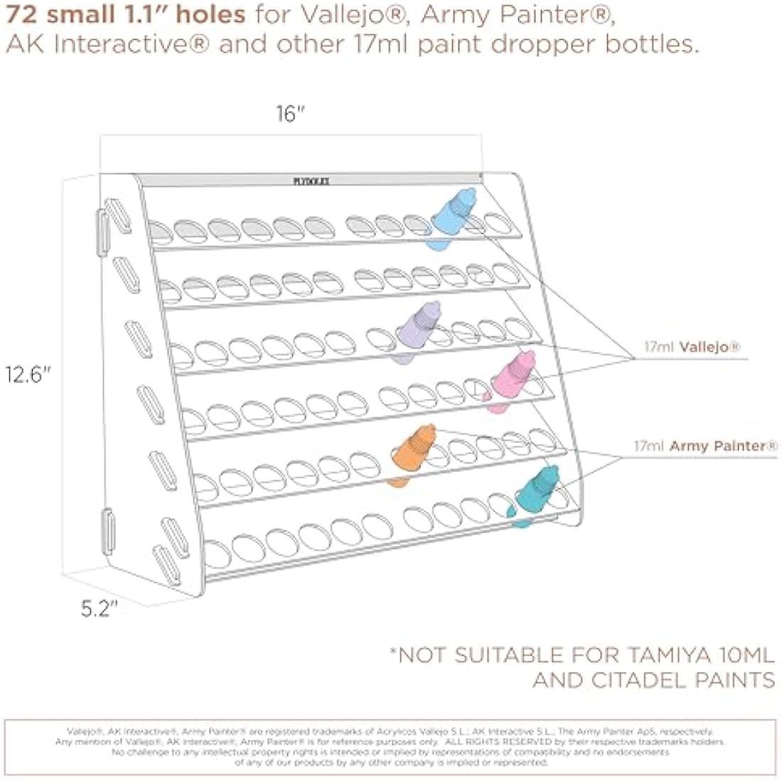 Plydolex Vallejo Acrylic Paint Rack Organizer With 72 Holes for Miniature Set - Wall-Mounted Organizers and Storage - Bottle Holder 15.8x5.1x11.6 Inch