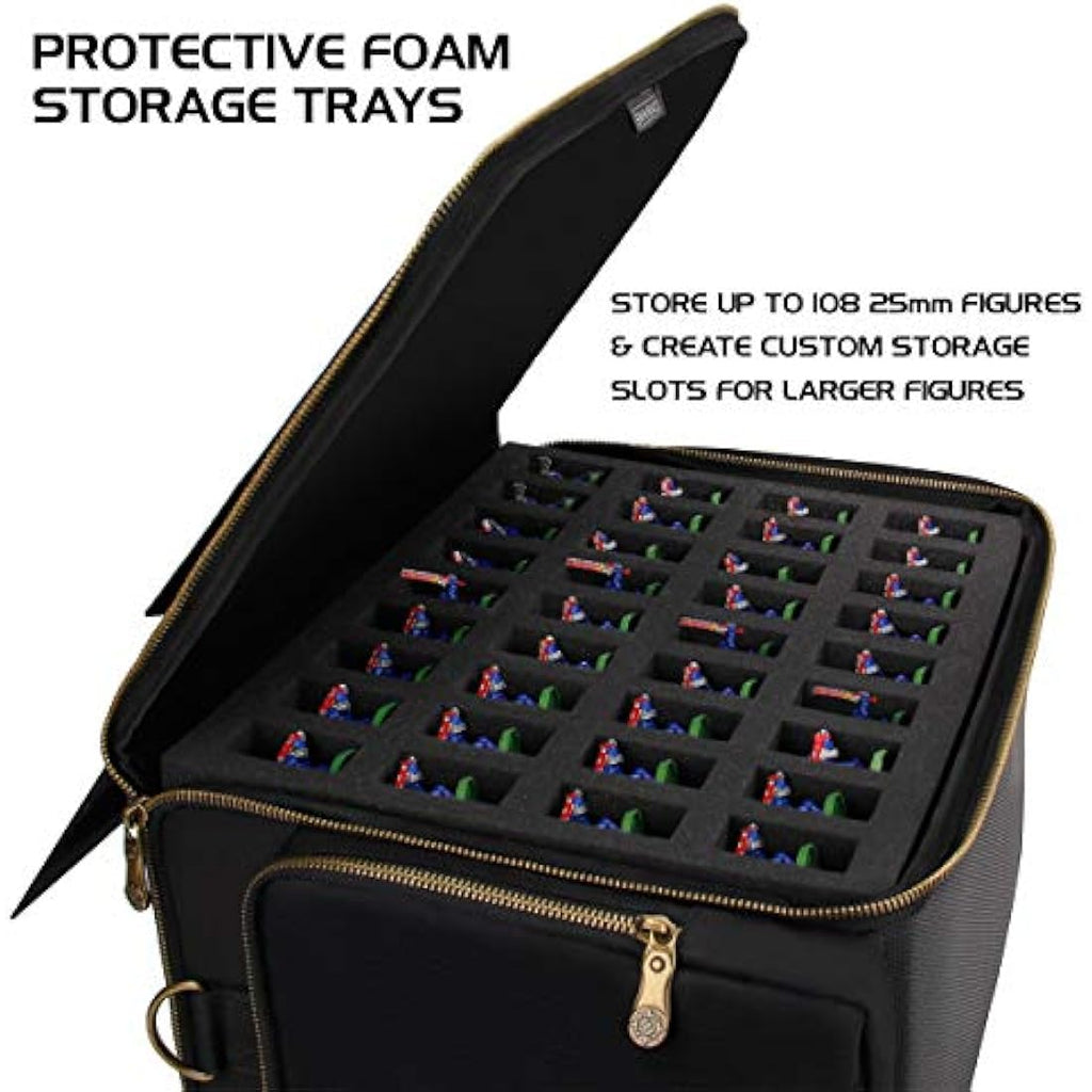 ENHANCE Portable Miniature Figure Storage and Carrying Case, 4 Foam Layers fits 108 Infantry Minis and Pick and Pluck - Book Sleeve and 2 Accessory Pockets for Measuring Tape, Dice and More