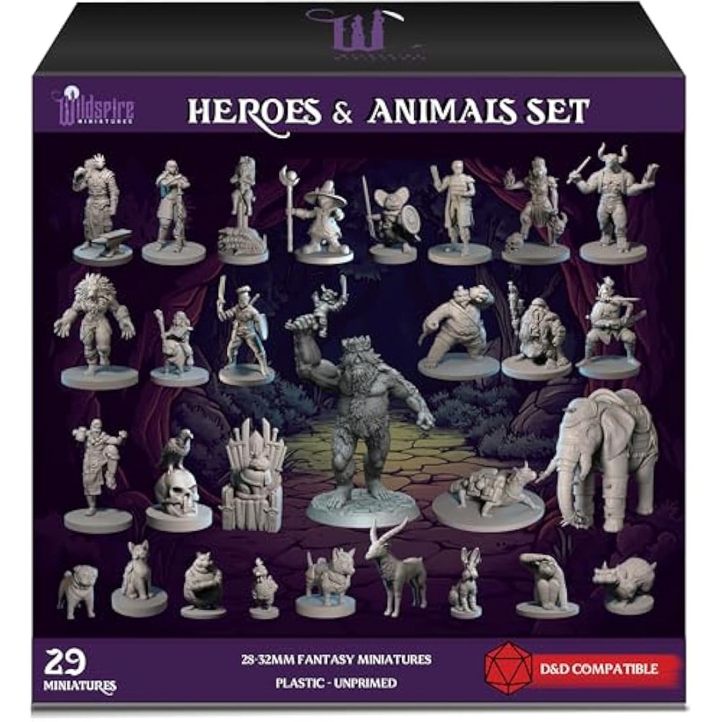 Wildspire Heroes, Animal Companions & Troll King for DND Miniatures Bulk 28mm DND Minis Dungeons and Dragons D&D Miniatures Dungeons and Dragons Unpainted Figures for Tabletop