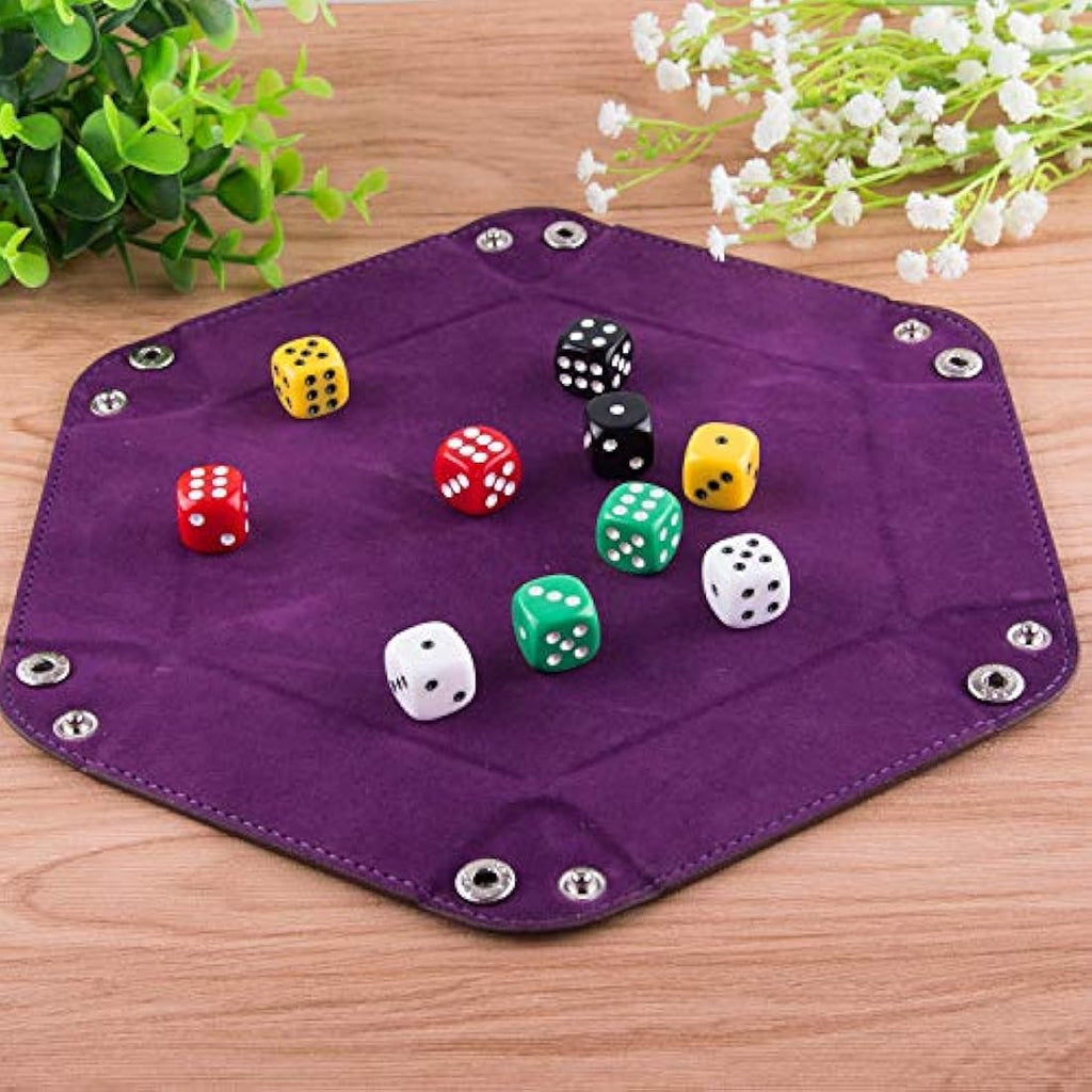 SIQUK 4 Pieces Dice Tray Hexagon Dice Rolling Tray Folding PU Leather Velvet Dice Tray for Dungeons and Dragons RPG DND Dice Game, 4 Colours