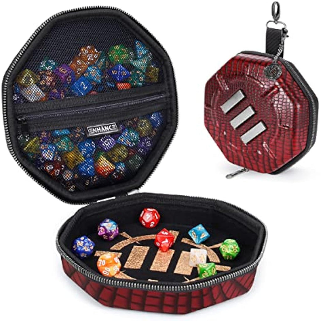 ENHANCE DnD Dice Tray and Case - Collector's Edition DnD Dice Holder up to 150 D&D Shakers with Hard Shell Exterior and Protective Soft Interior - Rolling Tray Perfect for Game Night (Dragon Red)