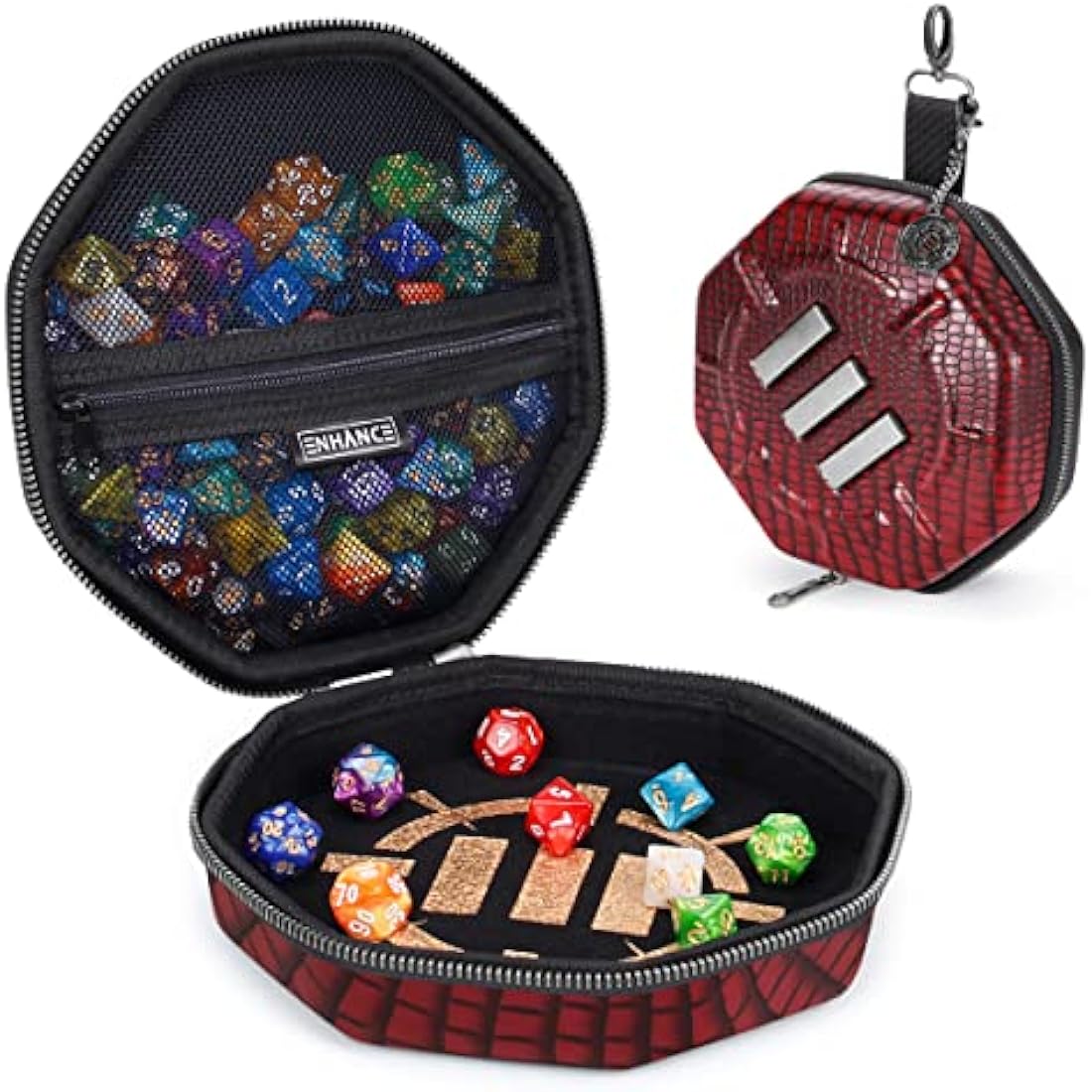 ENHANCE DnD Dice Tray and Case - Collector's Edition DnD Dice Holder up to 150 D&D Shakers with Hard Shell Exterior and Protective Soft Interior - Rolling Tray Perfect for Game Night (Dragon Red)