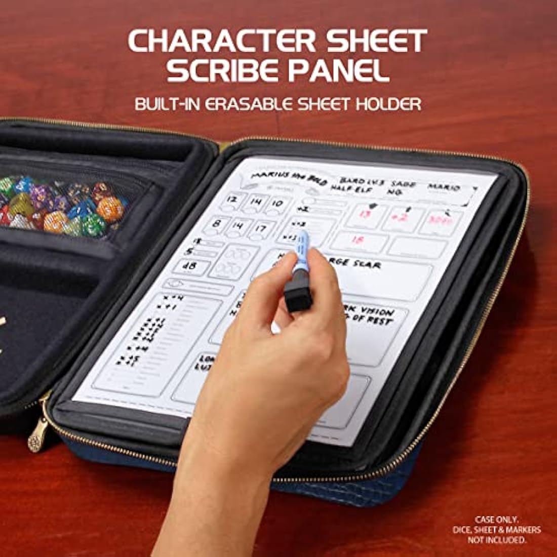 ENHANCE Collector's Edition RPG Organizer Case - DnD Binder with Built-in Character Sheet Holder and Erasable Scribe Panel, Dice Rolling Area, Removable Pen Pouch, Miniature Foam Tray (Dragon Blue)