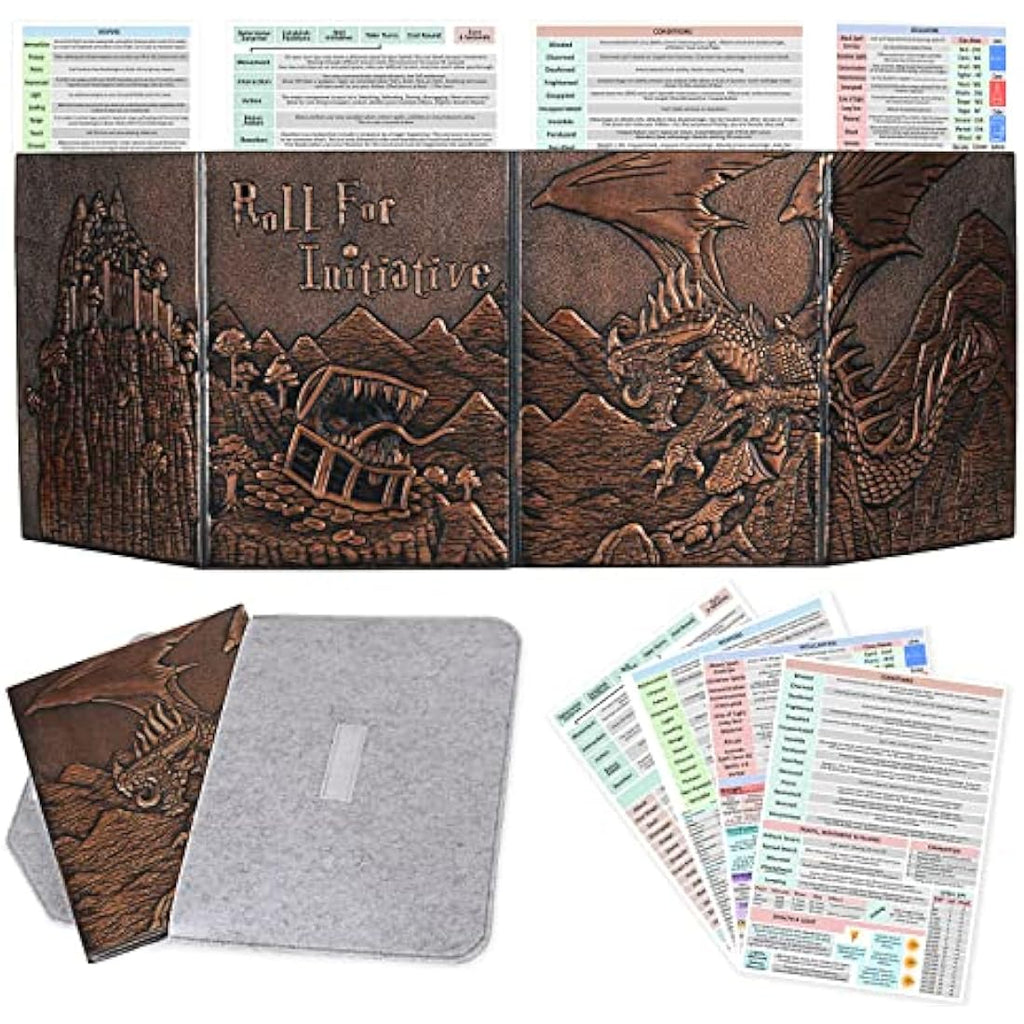 DND Dungeon Master Screen Faux Leather Embossed Dragon & Mimic, Four-Panel with Pockets DM Screen for Dungeons and Dragon, Pathfinder, D&D