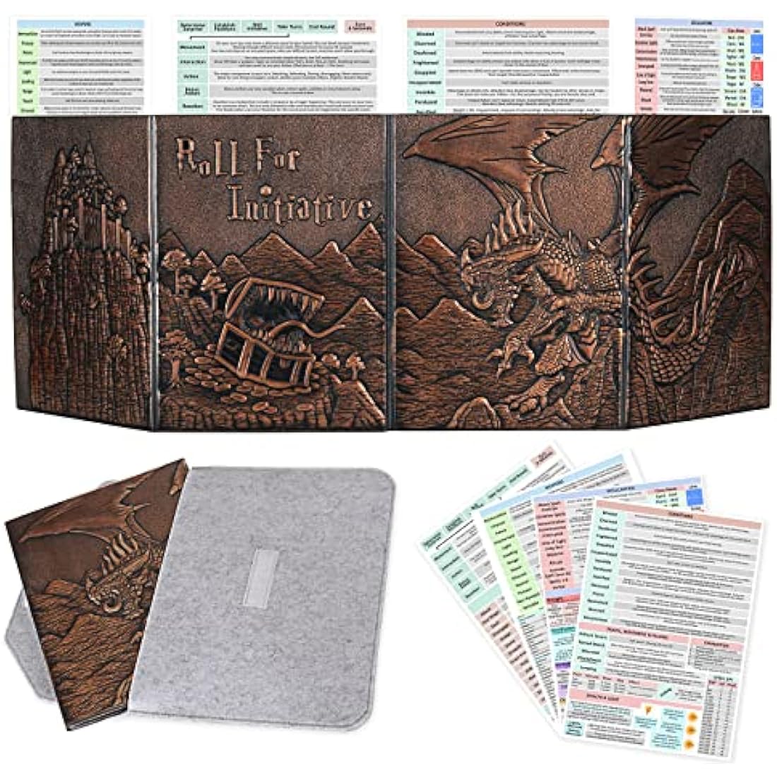 DND Dungeon Master Screen Faux Leather Embossed Dragon & Mimic, Four-Panel with Pockets DM Screen for Dungeons and Dragon, Pathfinder, D&D